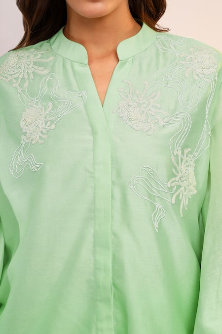 Sakshi Khetterpal_Green Silk, Muslin, Kiwi Oversized Sleeve Coord Set _Online_at_Aza_Fashions