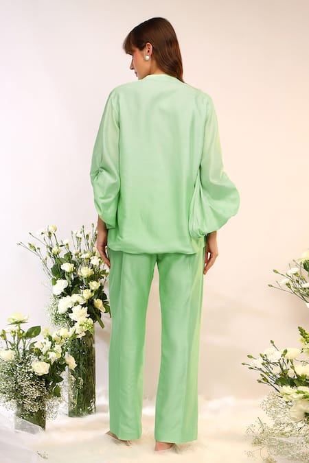 Shop_Sakshi Khetterpal_Green Silk, Muslin, Kiwi Oversized Sleeve Coord Set _at_Aza_Fashions