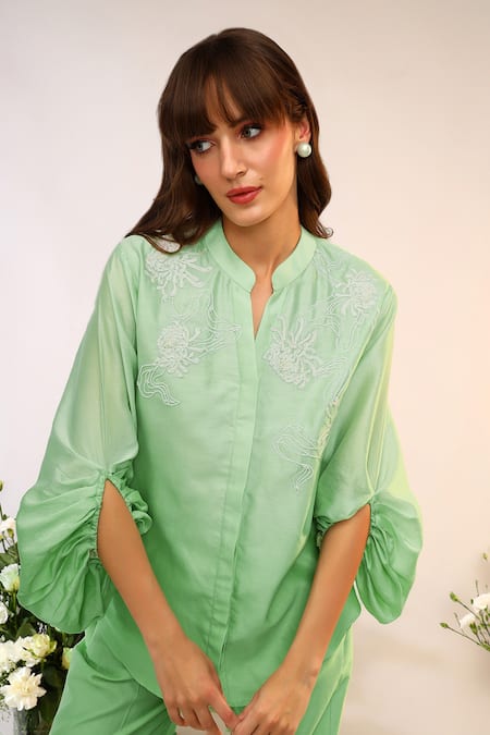 Sakshi Khetterpal_Green Silk, Muslin, Kiwi Oversized Sleeve Coord Set _at_Aza_Fashions