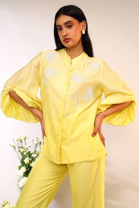 Sakshi Khetterpal_Yellow Silk, Embroidery Shoulder Citrus Burst Pant Set _Online_at_Aza_Fashions