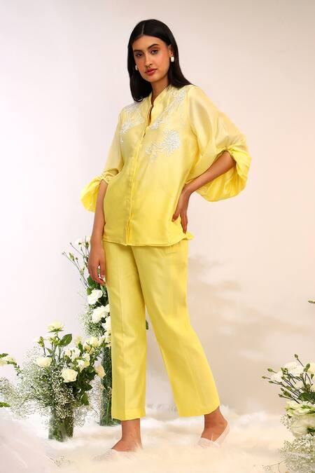 Buy_Sakshi Khetterpal_Yellow Silk, Embroidery Shoulder Citrus Burst Pant Set _Online_at_Aza_Fashions