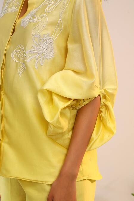 Sakshi Khetterpal_Yellow Silk, Embroidery Shoulder Citrus Burst Pant Set _at_Aza_Fashions