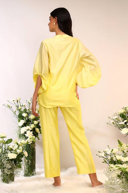 Shop_Sakshi Khetterpal_Yellow Silk, Embroidery Shoulder Citrus Burst Pant Set _at_Aza_Fashions