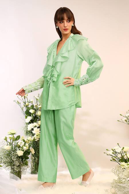 Sakshi Khetterpal_Green Silk, Embroidery Frill Tie-up Top And Straight Pants Set _Online_at_Aza_Fashions