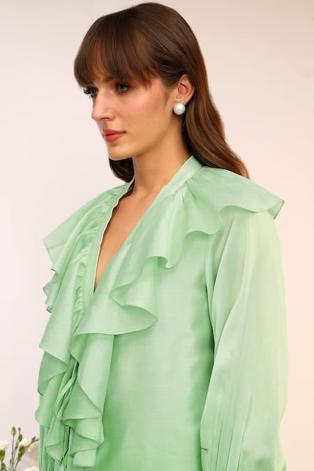 Sakshi Khetterpal_Green Silk, Embroidery Frill Tie-up Top And Straight Pants Set _at_Aza_Fashions