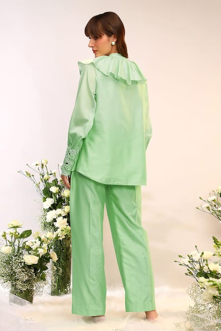 Shop_Sakshi Khetterpal_Green Silk, Embroidery Frill Tie-up Top And Straight Pants Set _at_Aza_Fashions