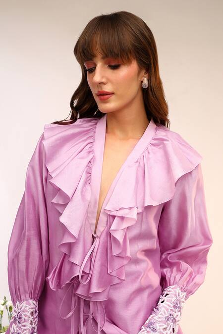 Sakshi Khetterpal_Pink Chanderi Silk Embroidery V-neck Frill Tie Up Pant Set _Online_at_Aza_Fashions