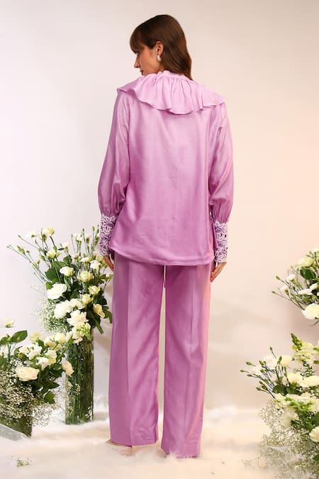Shop_Sakshi Khetterpal_Pink Chanderi Silk Embroidery V-neck Frill Tie Up Pant Set _at_Aza_Fashions