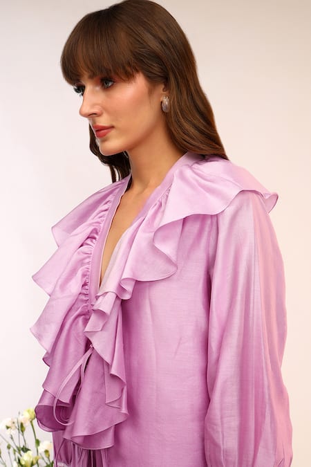 Shop_Sakshi Khetterpal_Pink Chanderi Silk Embroidery V-neck Frill Tie Up Pant Set _Online_at_Aza_Fashions