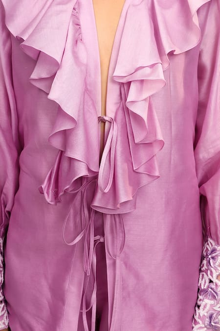 Sakshi Khetterpal_Pink Chanderi Silk Embroidery V-neck Frill Tie Up Pant Set _at_Aza_Fashions