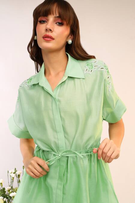 Shop_Sakshi Khetterpal_Green Chanderi Silk Embroidery Collared Kiwi Shoulder Pant Set _Online_at_Aza_Fashions