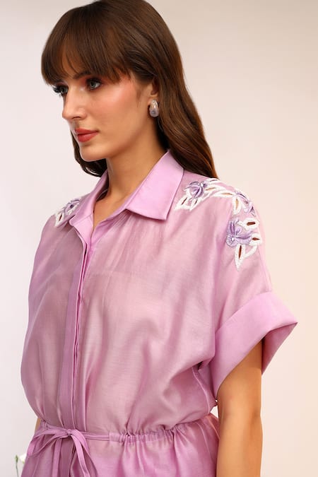 Buy_Sakshi Khetterpal_Pink Chanderi , Chanderi, Embroidery Collared Shoulder Set _Online_at_Aza_Fashions