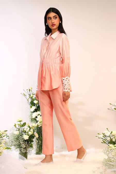 Sakshi Khetterpal_Peach Silk, Maheshwari, Fuzz Elasticated Shirt And Pant Set _Online_at_Aza_Fashions