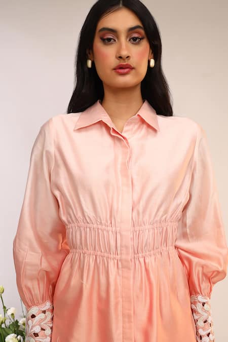 Buy_Sakshi Khetterpal_Peach Silk, Maheshwari, Fuzz Elasticated Shirt And Pant Set _Online_at_Aza_Fashions