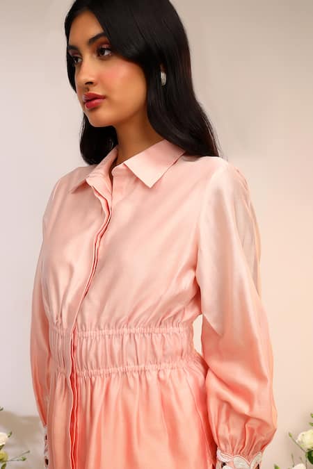 Shop_Sakshi Khetterpal_Peach Silk, Maheshwari, Fuzz Elasticated Shirt And Pant Set _Online_at_Aza_Fashions