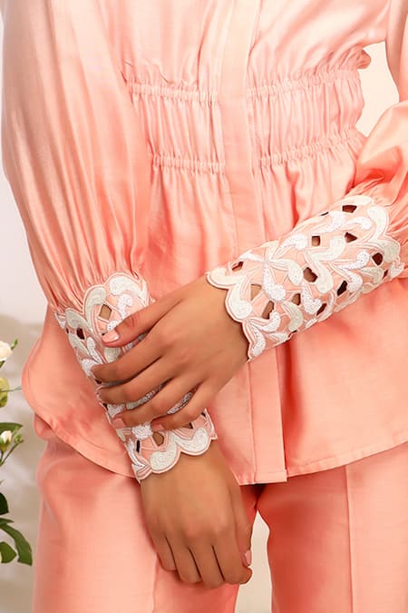 Sakshi Khetterpal_Peach Silk, Maheshwari, Fuzz Elasticated Shirt And Pant Set _at_Aza_Fashions