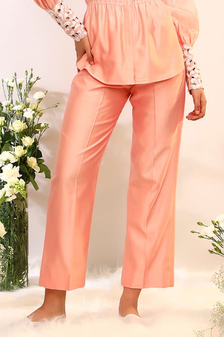 Buy_Sakshi Khetterpal_Peach Silk, Maheshwari, Fuzz Elasticated Shirt And Pant Set 