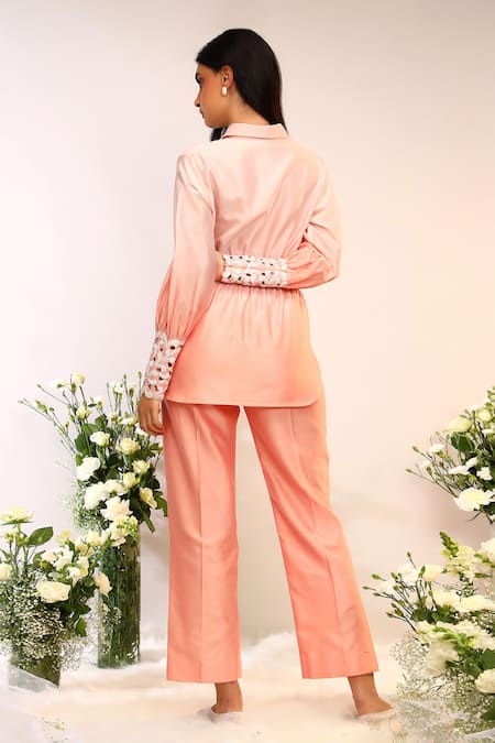 Shop_Sakshi Khetterpal_Peach Silk, Maheshwari, Fuzz Elasticated Shirt And Pant Set _at_Aza_Fashions