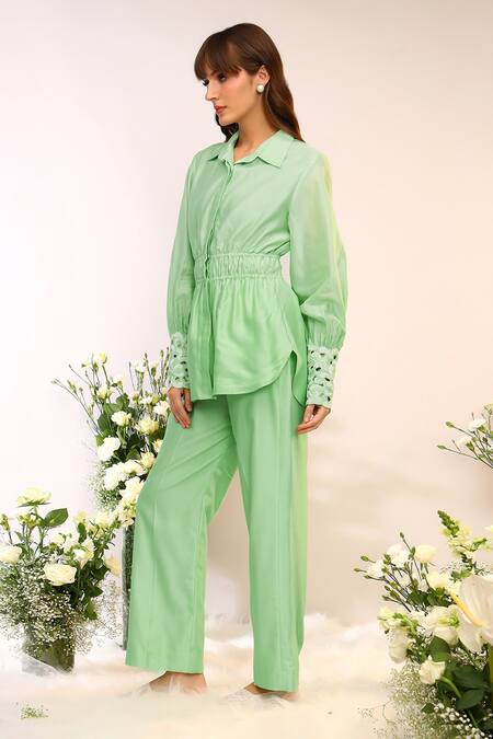 Sakshi Khetterpal_Green Chanderi Silk, Maheshwari Elasticated High Low Shirt And Creased Pant Set _Online_at_Aza_Fashions