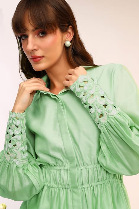 Buy_Sakshi Khetterpal_Green Chanderi Silk, Maheshwari Elasticated High Low Shirt And Creased Pant Set _Online_at_Aza_Fashions