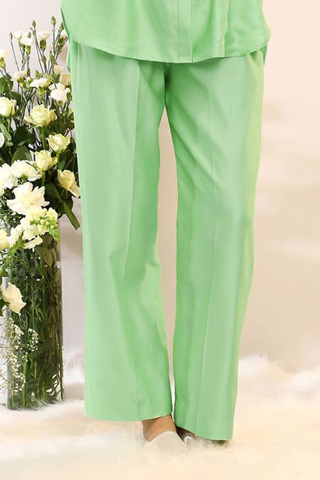 Shop_Sakshi Khetterpal_Green Chanderi Silk, Maheshwari Elasticated High Low Shirt And Creased Pant Set _Online_at_Aza_Fashions
