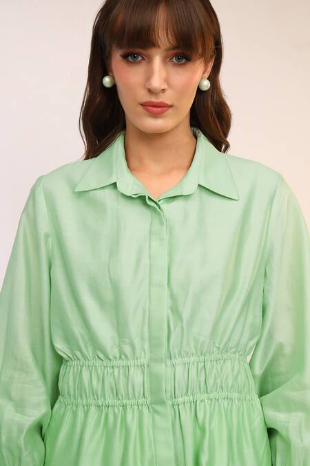 Sakshi Khetterpal_Green Chanderi Silk, Maheshwari Elasticated High Low Shirt And Creased Pant Set _at_Aza_Fashions