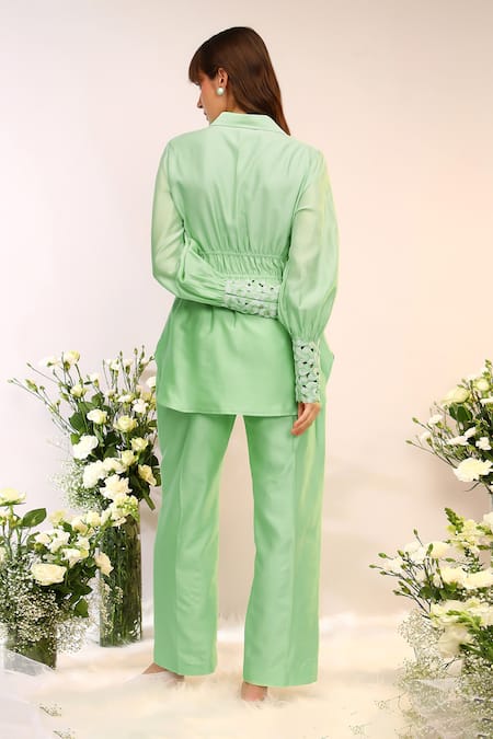 Shop_Sakshi Khetterpal_Green Chanderi Silk, Maheshwari Elasticated High Low Shirt And Creased Pant Set _at_Aza_Fashions