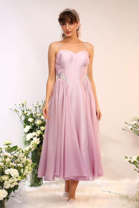 Buy_Sakshi Khetterpal_Purple Chanderi Silk Embroidery Sweetheart Neck Midi Dress _Online_at_Aza_Fashions