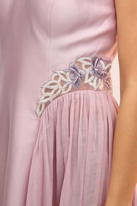 Buy_Sakshi Khetterpal_Purple Chanderi Silk Embroidery Sweetheart Neck Midi Dress 