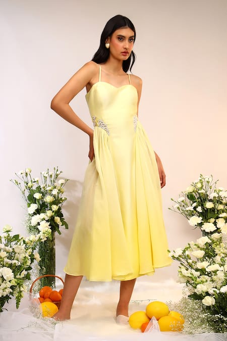 Shop_Sakshi Khetterpal_Yellow Chanderi Silk, Cotton Embroidery Sweetheart Neck Citrus Midi Dress With _Online_at_Aza_Fashions