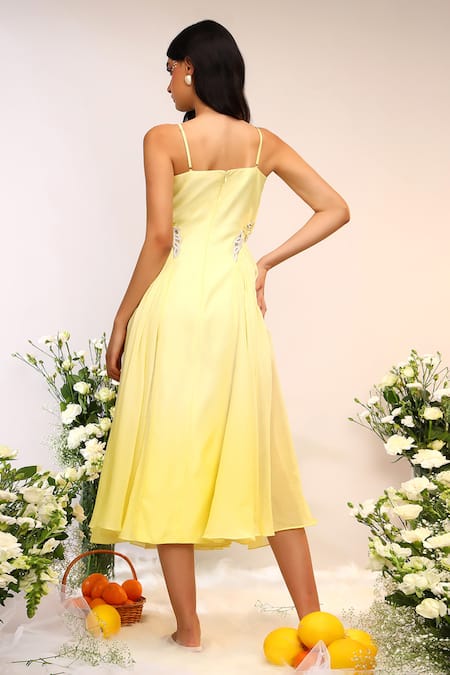 Shop_Sakshi Khetterpal_Yellow Chanderi Silk, Cotton Embroidery Sweetheart Neck Citrus Midi Dress With _at_Aza_Fashions