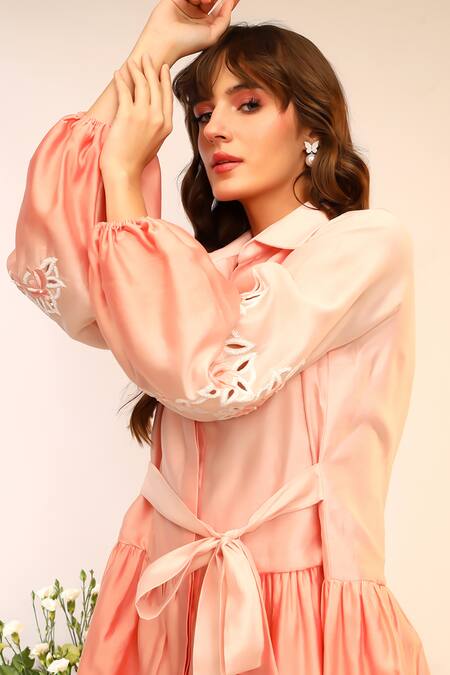 Sakshi Khetterpal_Peach Chanderi Silk, Cotton Embroidery Collared Frill Shirt Dress _Online_at_Aza_Fashions