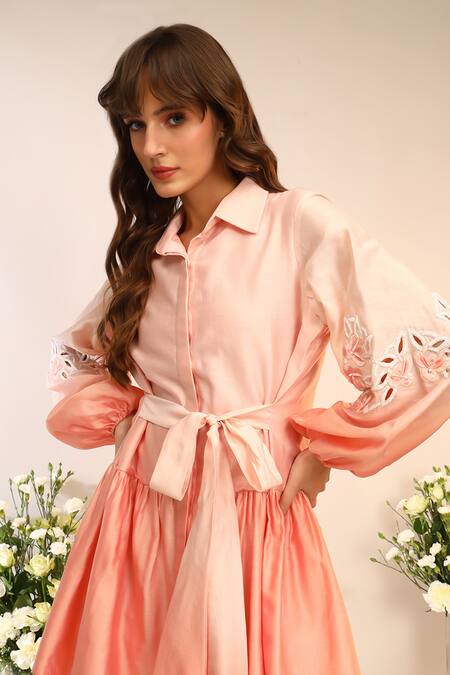 Shop_Sakshi Khetterpal_Peach Chanderi Silk, Cotton Embroidery Collared Frill Shirt Dress _Online_at_Aza_Fashions
