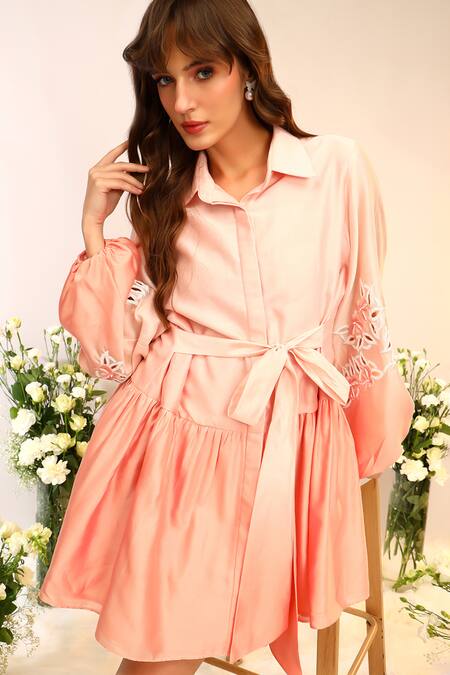 Buy_Sakshi Khetterpal_Peach Chanderi Silk, Cotton Embroidery Collared Frill Shirt Dress 