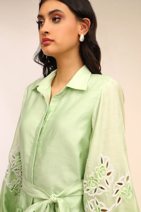Sakshi Khetterpal_Green Chanderi Silk, Muslin Embroidery Collared Frill Shirt Dress _Online_at_Aza_Fashions