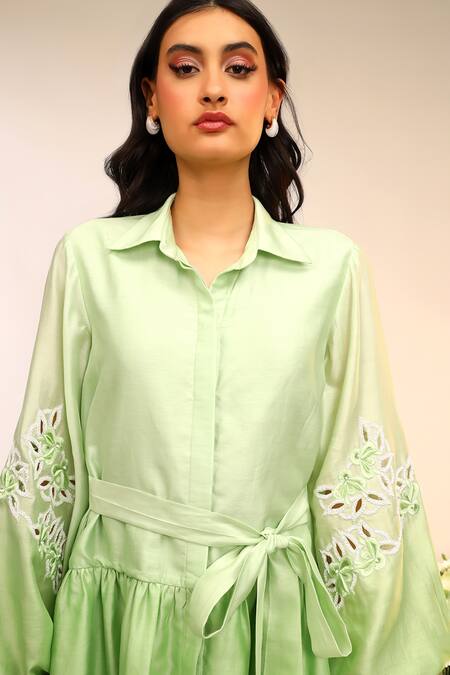 Buy_Sakshi Khetterpal_Green Chanderi Silk, Muslin Embroidery Collared Frill Shirt Dress _Online_at_Aza_Fashions