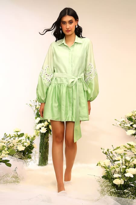 Shop_Sakshi Khetterpal_Green Chanderi Silk, Muslin Embroidery Collared Frill Shirt Dress _Online_at_Aza_Fashions