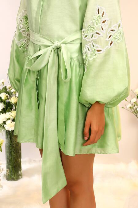Buy_Sakshi Khetterpal_Green Chanderi Silk, Muslin Embroidery Collared Frill Shirt Dress 