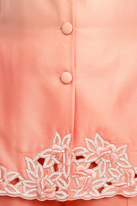 Buy_Sakshi Khetterpal_Peach Chanderi Silk Embroidery Fuzz Blazer And Pant Set _Online_at_Aza_Fashions