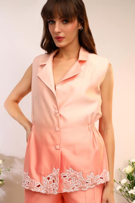 Buy_Sakshi Khetterpal_Peach Chanderi Silk Embroidery Fuzz Blazer And Pant Set 