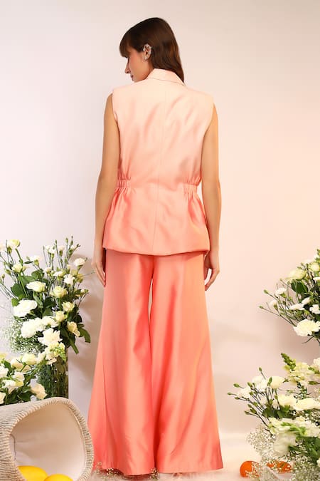 Shop_Sakshi Khetterpal_Peach Chanderi Silk Embroidery Fuzz Blazer And Pant Set _at_Aza_Fashions