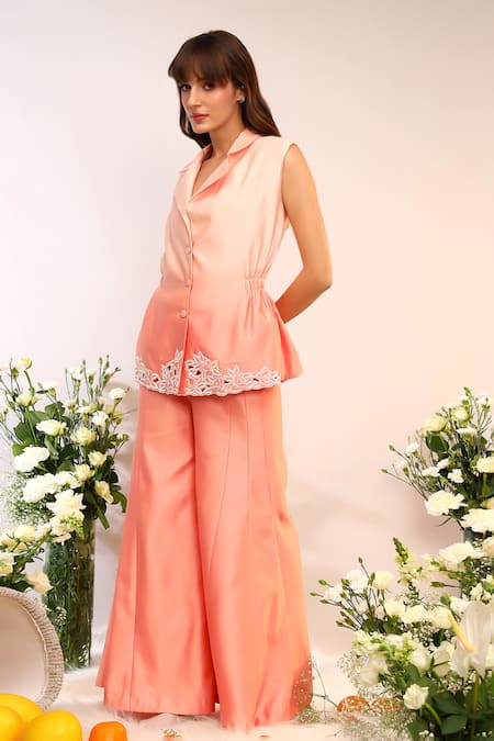 Shop_Sakshi Khetterpal_Peach Chanderi Silk Embroidery Fuzz Blazer And Pant Set 
