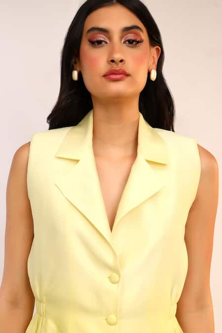 Buy_Sakshi Khetterpal_Yellow Silk, Citrus Burst Sleeveless Blazer And Flared Pants Set _Online_at_Aza_Fashions
