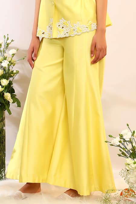 Shop_Sakshi Khetterpal_Yellow Silk, Citrus Burst Sleeveless Blazer And Flared Pants Set _Online_at_Aza_Fashions