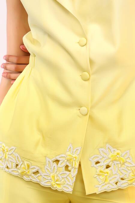 Shop_Sakshi Khetterpal_Yellow Silk, Citrus Burst Sleeveless Blazer And Flared Pants Set 