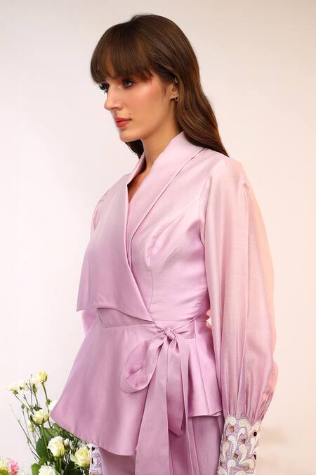 Buy_Sakshi Khetterpal_Pink Chanderi Silk Embroidery Big Collared Wrap Blazer And Pants Set _Online_at_Aza_Fashions