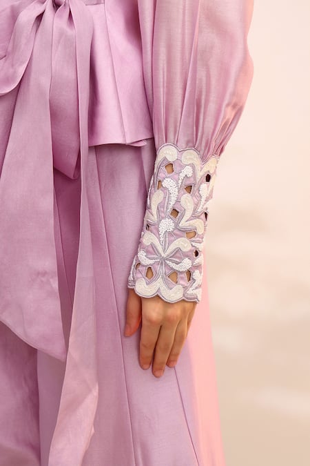 Shop_Sakshi Khetterpal_Pink Chanderi Silk Embroidery Big Collared Wrap Blazer And Pants Set _Online_at_Aza_Fashions