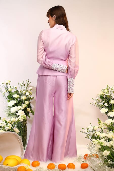Shop_Sakshi Khetterpal_Pink Chanderi Silk Embroidery Big Collared Wrap Blazer And Pants Set _at_Aza_Fashions