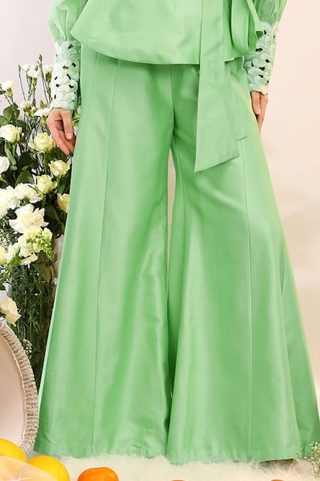 Sakshi Khetterpal_Green Chanderi Silk, Cotton, Muslin Kiwi Wrap Around Blazer And Pants Set _Online_at_Aza_Fashions