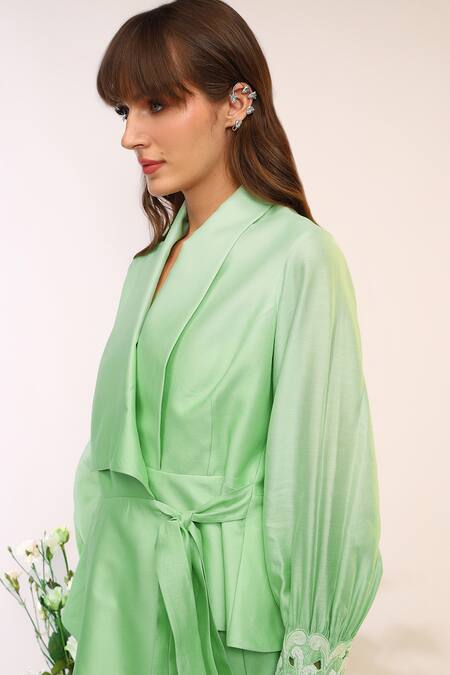 Buy_Sakshi Khetterpal_Green Chanderi Silk, Cotton, Muslin Kiwi Wrap Around Blazer And Pants Set _Online_at_Aza_Fashions